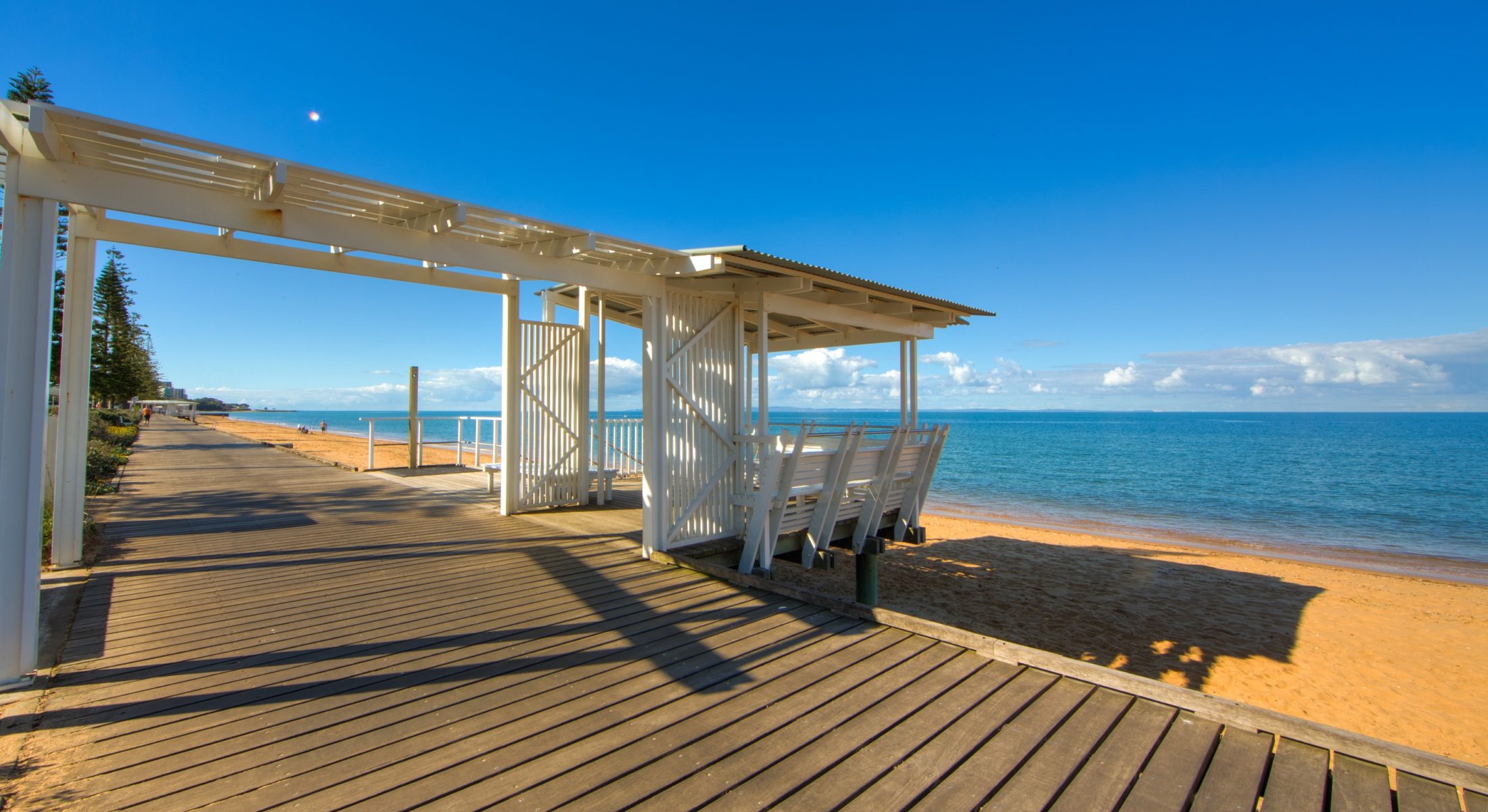 Margate Beach has a lovely boardwalk with shady shelters to stop, rest and take in the views of the Moreton Bay Marine Park